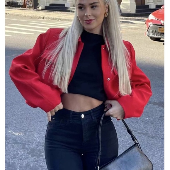 ZARA WOMEN RED SHORT CROPPED FLAP JACKET BLAZER WITH FLAPS - Picture 5 of 15